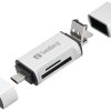 Sandberg Card Reader USB-C+USB+MicroUSB, Card Reader USB-C+USB+MicroUSB, MicroSD (TransFlash), SD, Silver, USB, 1 pc(s), 80 mm, 16 mm