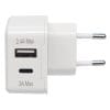 Sinox iMedia 230V dobbelt USB oplader. USB A 2,4A + USB C 3,0A. Hvid