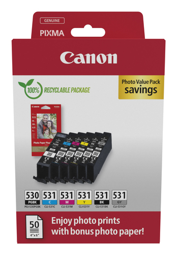 Canon PGI-530/CLI-531 PVP blækpatron 6 stk Original Sort, Blå, Grå, Magenta, Foto sort, Gul