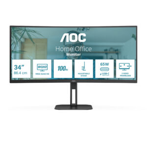 AOC Value-line CU34V5C/BK - V5 series - LED-skærm - kurvet - 34"" - 3440 x 1440 WQHD @ 100 Hz - VA - 300 cd/m² - 3000:1 - 4 ms - HDMI, DisplayPort, USB-C - højtalere - mat sort