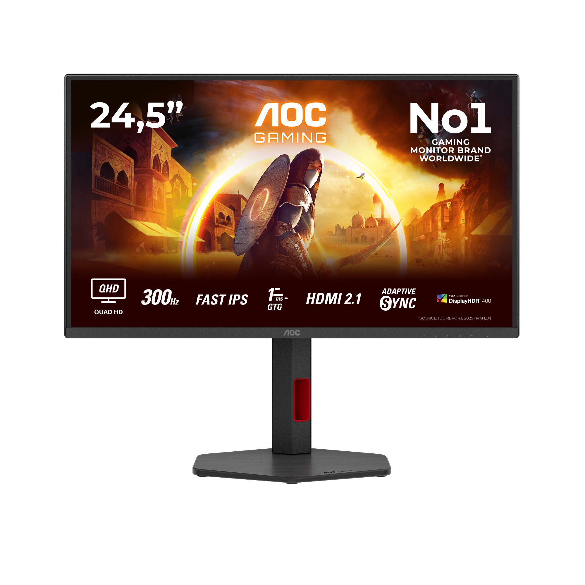 AOC Gaming Q25G4SR - LED-skærm - gaming - 25"" (24.5"" til at se) - 2560 x 1440 QHD @ 300 Hz - IPS - 400 cd/m² - 1000:1 - DisplayHDR 400 - 0.3 ms - 2xHDMI, DisplayPort - højtalere - sort, rød