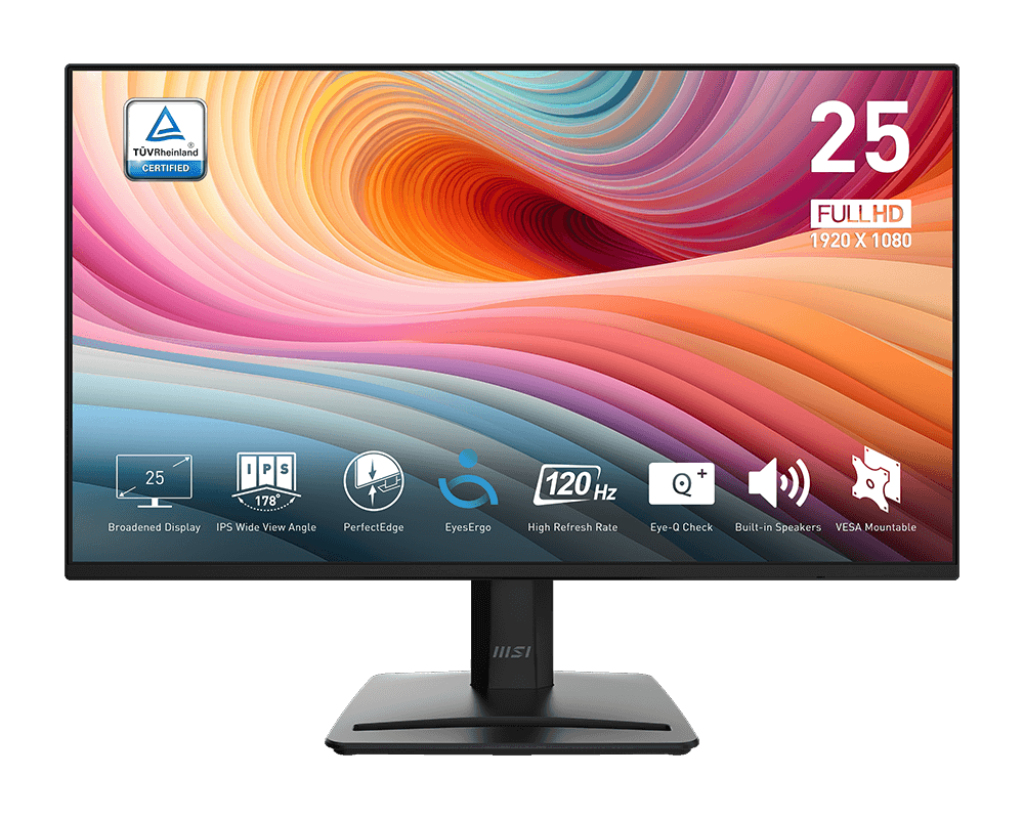 MSI PRO MP252 E2 - LED-skærm - 25"" (24.5"" til at se) - 1920 x 1080 Full HD (1080p) @ 120 Hz - IPS - 300 cd/m² - 1500:1 - 1 ms - HDMI, DisplayPort - højtalere