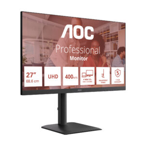 AOC U27E4CV - E4 Series - LED-skærm - 27"" - 3840 x 2160 4K UHD (2160p) @ 60 Hz - IPS - 400 cd/m² - 1200:1 - 4 ms - 2xHDMI, DisplayPort, USB-C - højtalere - sort - Billede 3