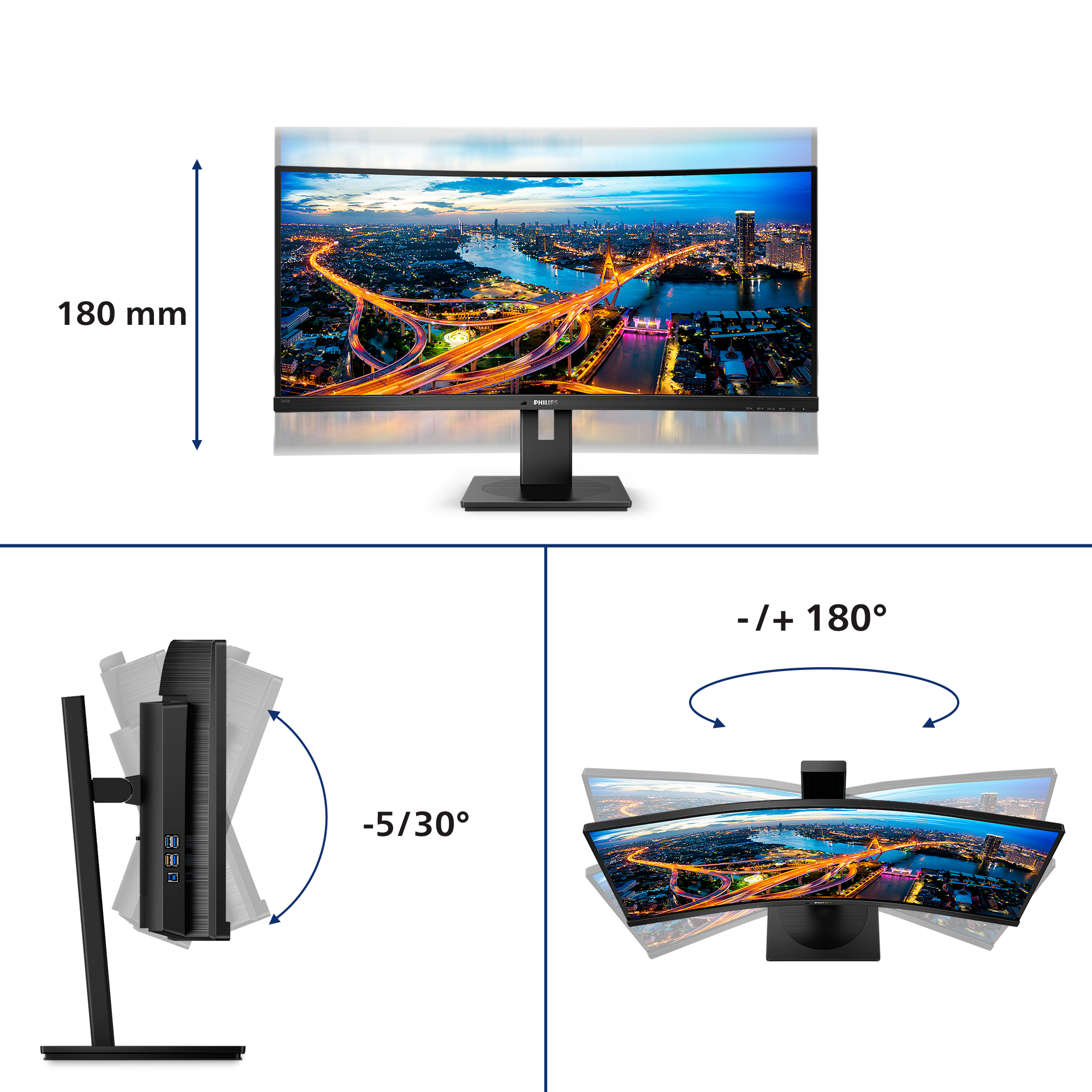 Philips 345B1C - LED-skærm - kurvet - 34"" - 3440 x 1440 WQHD @ 100 Hz - VA - 300 cd/m² - 3000:1 - 5 ms - 2xHDMI, DisplayPort - højtalere - sort struktur - Billede 4