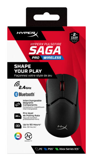 HyperX Pulsefire Saga Pro Wireless Gaming Mouse (sort), Ambidextrous, Optisk, RF Wireless + Bluetooth + USB Type-C, 3200 dpi, Sort