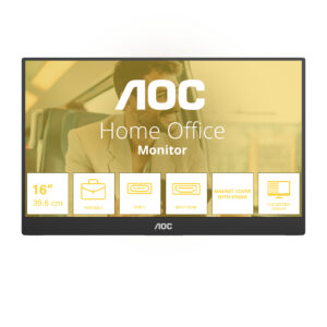 AOC 16T20E2. Skærm diagonal: 39,6 cm (15.6""), Skærmteknologi: LED, Skærmopløsning: 1920 x 1080 pixel. Udgangseffekt (RMS): 2 W. USB porttype: USB Type-C. Produkttype: Bærbar skærm, Produktfarve: Sort, Garantiperiode: 3 År. OSD-sprog: Forenklet kinesisk, Traditionelt kinesisk, Tjekkisk, Hollandsk, Engelsk, Finsk, Fransk, Tysk,...