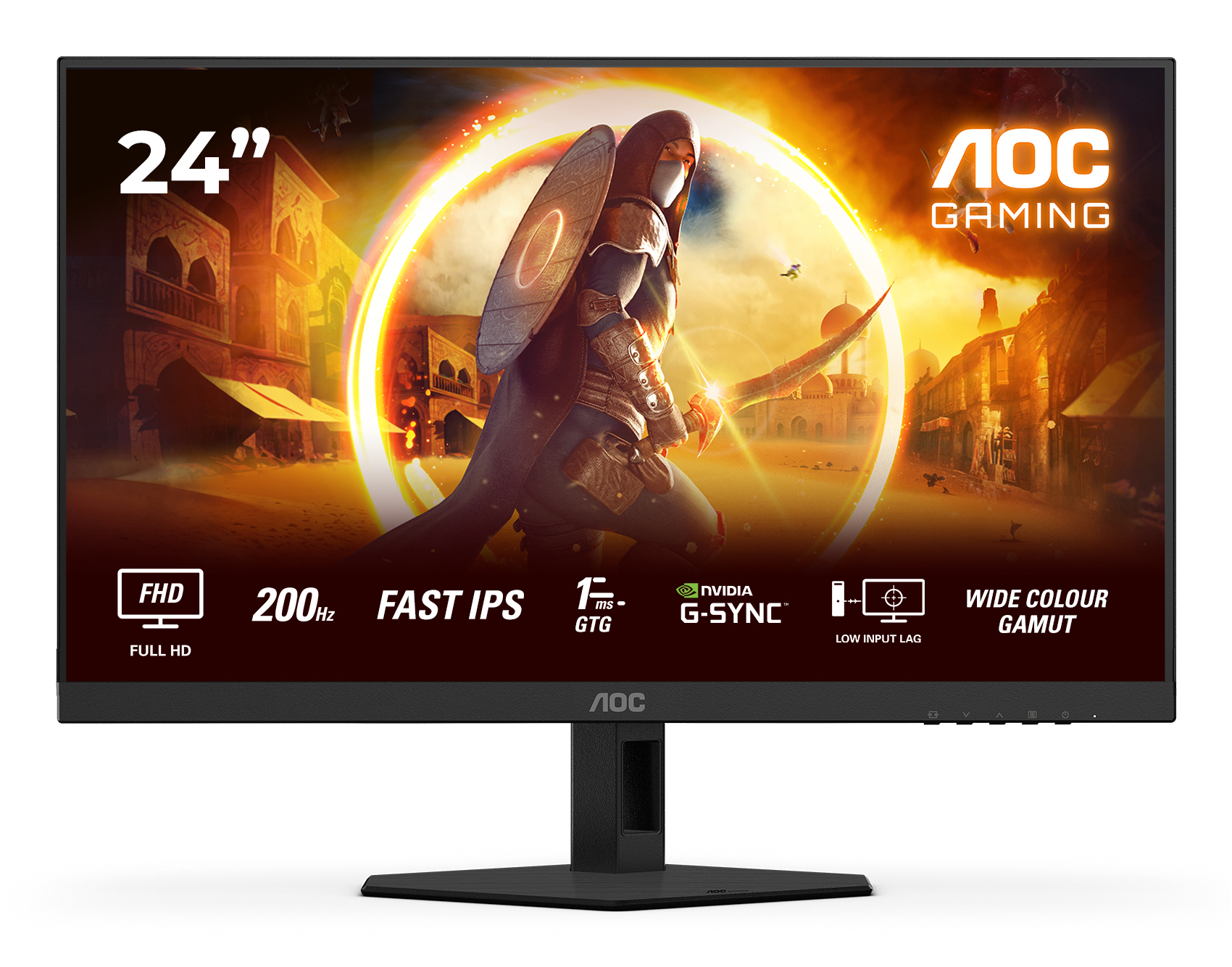 AOC Gaming 24G4HRE - LED-skærm - gaming - 24"" (23.8"" til at se) - 1920 x 1080 Full HD (1080p) @ 200 Hz - Fast IPS - 300 cd/m² - HDR10 - 0.5 ms - 2xHDMI, DisplayPort - højtalere
