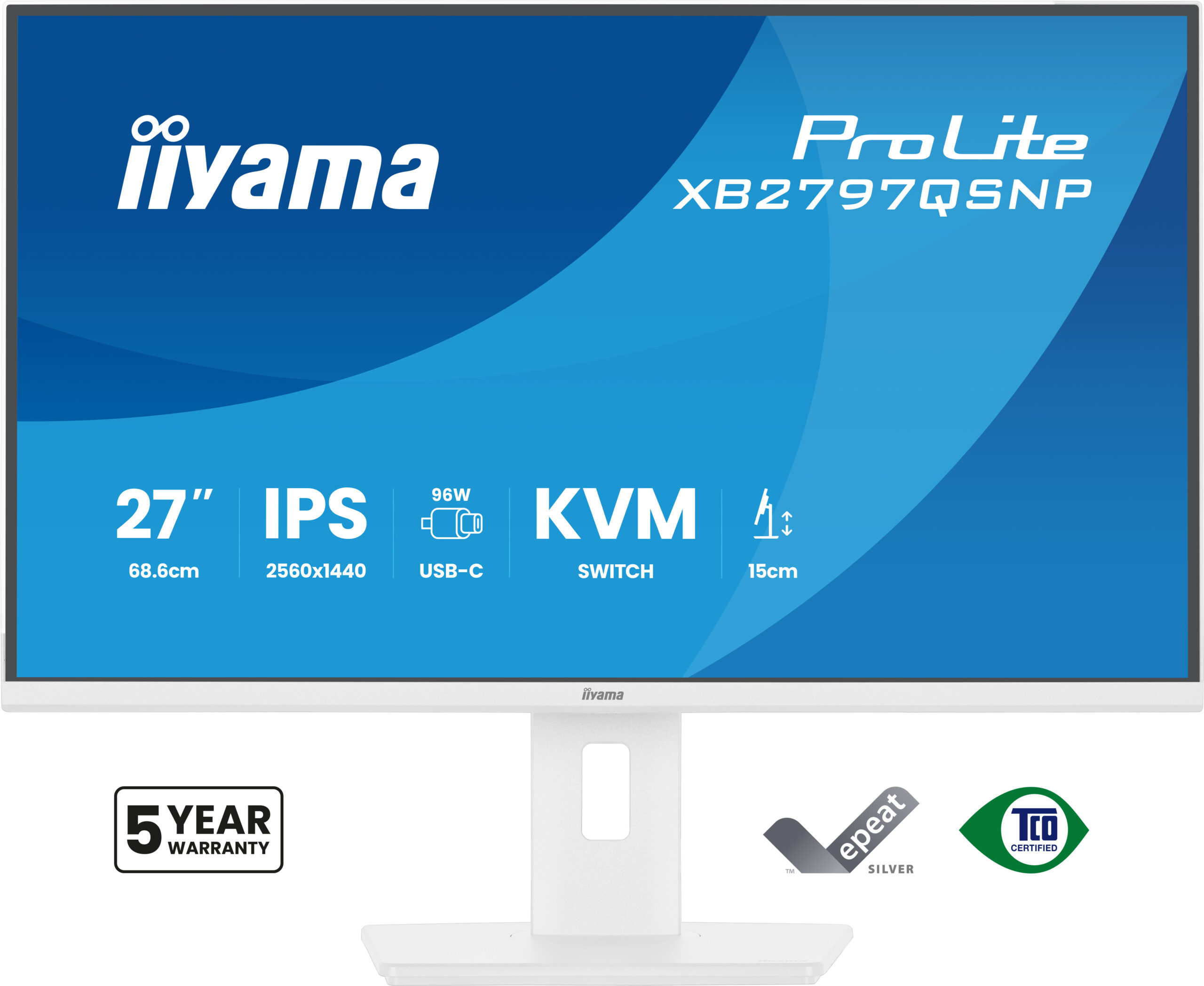iiyama ProLite XB2797QSNP-W1 - LCD-skærm - 27"" - 2560 x 1440 QHD @ 75 Hz - IPS - 350 cd/m² - 1000:1 - 1 ms - HDMI, DisplayPort, USB-C - højtalere - hvid, mat - Billede 2
