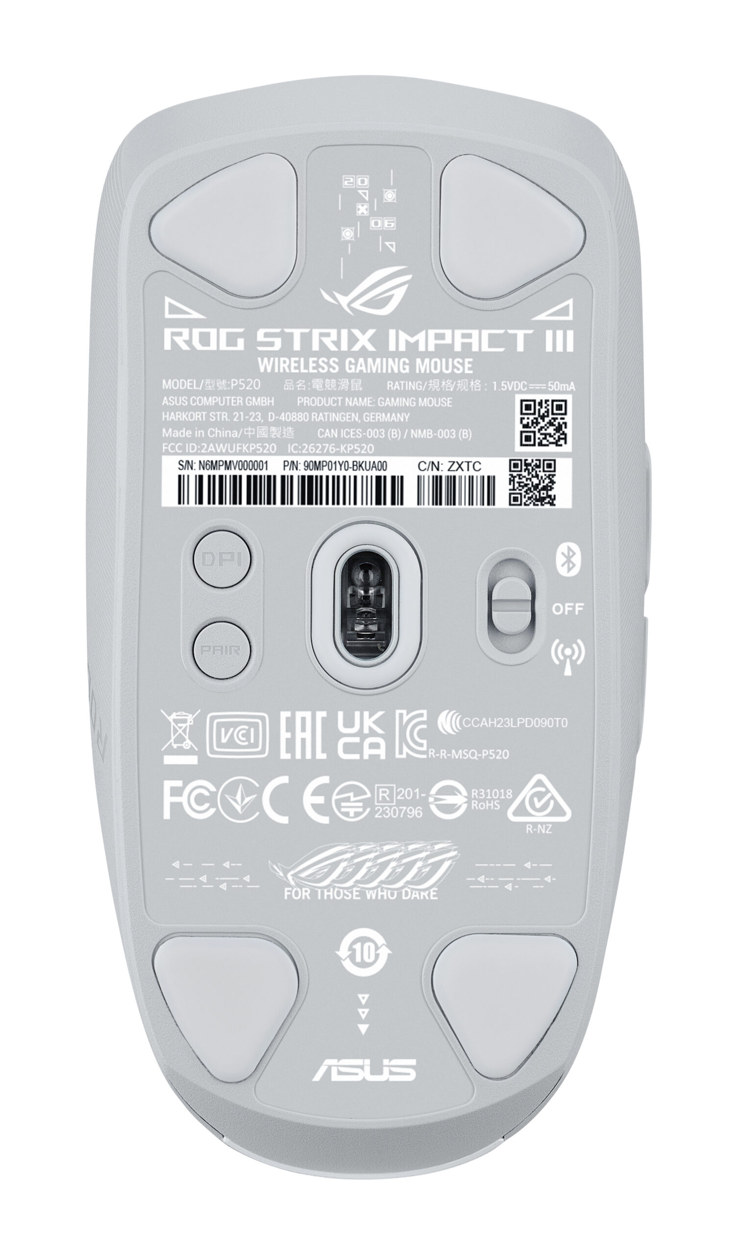 ASUS ROG Strix Impact III Wireless - Mus - højre- og venstrehåndet - optisk - trådløs - 2.4 GHz, Bluetooth 5.1 - USB ROG Omni trådløs modtager - månelyshvid - Billede 2