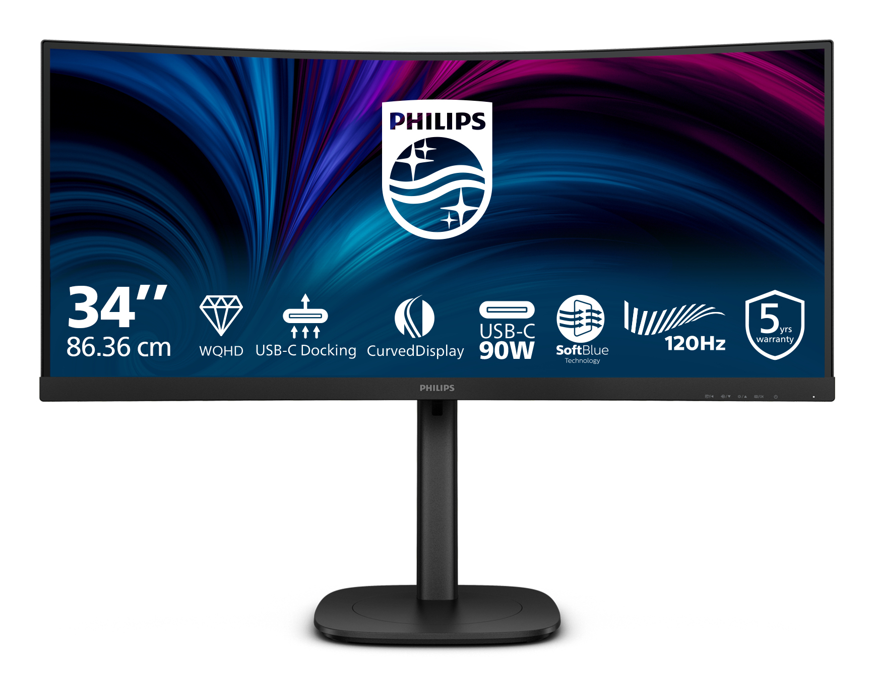 Philips 34B2U3600C - 3000 Series - LED-skærm - kurvet - 34"" - 3440 x 1440 WQHD @ 120 Hz - VA - 3500:1 - HDMI, DisplayPort, USB-C - højtalere - sort med tekstur