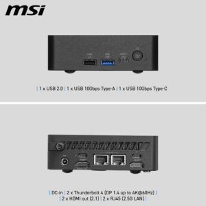 MSI Cubi NUC AI+ 3MG 003EU - Copilot+ PC - mini PC Core Ultra 7 355 / op til 4.7 GHz - RAM 32 GB - SSD 1 TB - NVMe - Intel Graphics - IEEE 802.11ax (Wi-Fi 6), IEEE 802.11be (Wi-Fi 7), Bluetooth 5.4 - Win 11 Pro - skærm: ingen - Billede 3