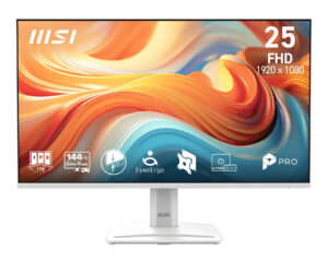 MSI Pro MP251W E14A. Skærm diagonal: 62,2 cm (24.5""), Skærmopløsning: 1920 x 1080 pixel, HD-type: Fuld HD, Skærmteknologi: LED, Responstid: 4 ms, Naturligt aspektforhold: 16:9, Synsvinkel, horisontal: 178°, Synsvinkel, vertikal: 178°. Indbyggede højttaler(e). VESA montering. Produktfarve: Hvid