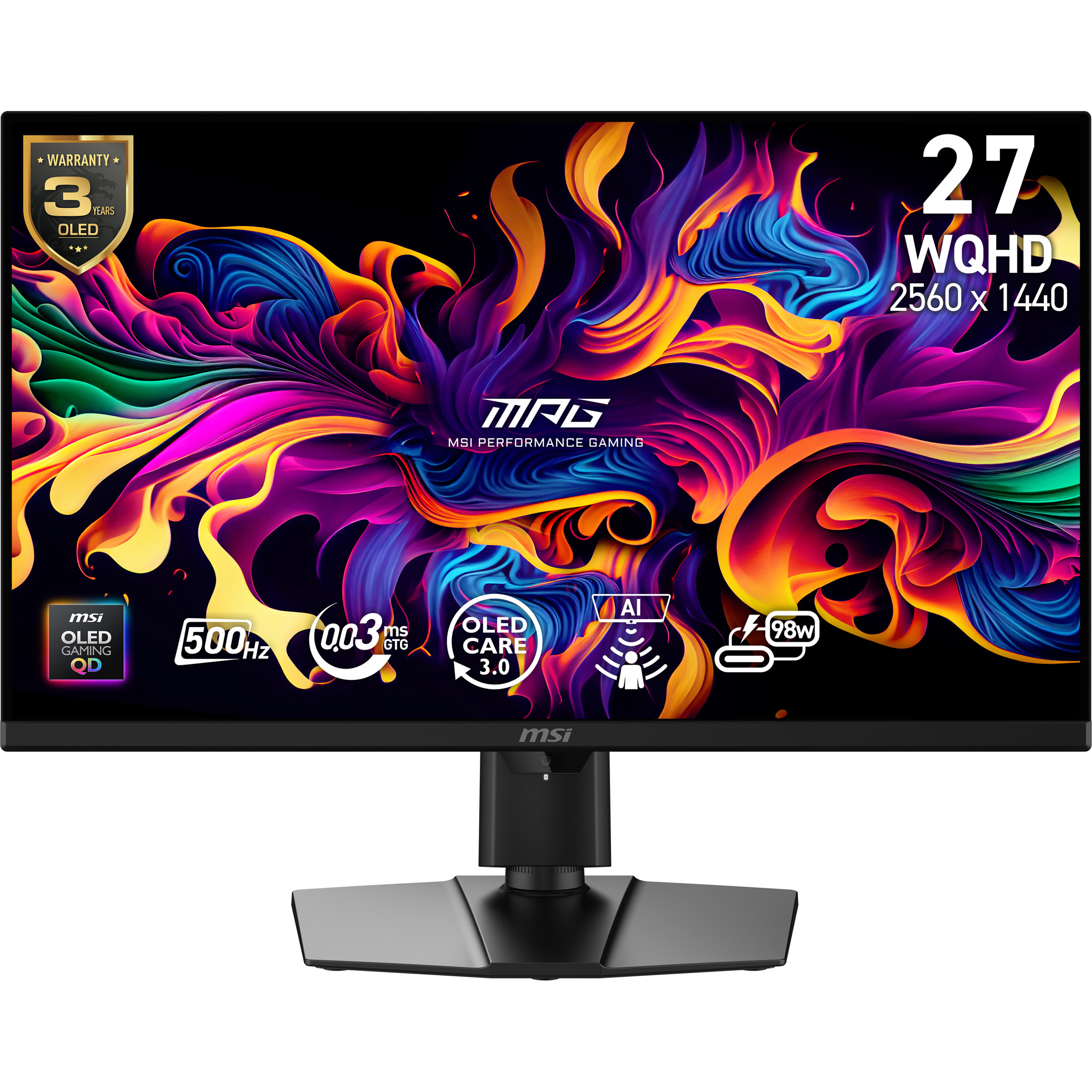 MSI MPG 271QR X50 - OLED-monitor - gaming - 27"" (26.5"" til at se) - 2560 x 1440 WQHD @ 500 Hz - 1000 cd/m² - 1500000:1 - DisplayHDR 500 True Black - 0.03 ms - 2xHDMI, DisplayPort, USB-C