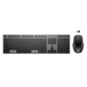 HP 725 - Sæt med mus og tastatur - multi-enhed, genopladelig, drevet af superkondensator - full size - trådløs - Bluetooth, 2.4 GHz - Pan Nordic - nattesort - Smart Buy
