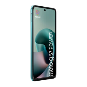 Motorola moto g57 power . Skærm diagonal: 17,1 cm (6.72""), Skærmopløsning: 2400 x 1080 pixel. Processorserie: Snapdragon, Processormodel: 6s Gen 4. RAM kapacitet: 12 GB, RAM-type: LPDDR4X, Intern lagerkapacitet: 256 GB. Bagerste kamera opløsning (numerisk): 50 MP, Bagkamera type: Dobbelt kamera. SIM-korts kapacitet: Dual SIM. Operativsystem installeret: Android 16.0. Batterikapacitet: 7000 mAh. Produktfarve: Turkis. Vægt: 210,6 g - Billede 4