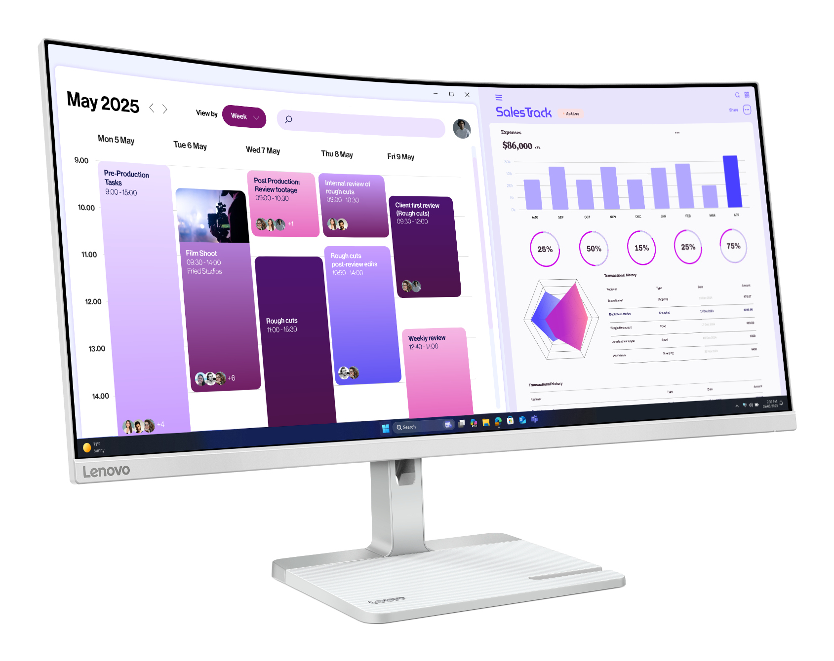 Lenovo L34W-4C - LED-skærm - kurvet - 34"" - 3440 x 1440 @ 120 Hz - VA - 350 cd/m² - 3000:1 - HDR10 - 1 ms - 2xHDMI, DisplayPort - skygrå - Billede 3