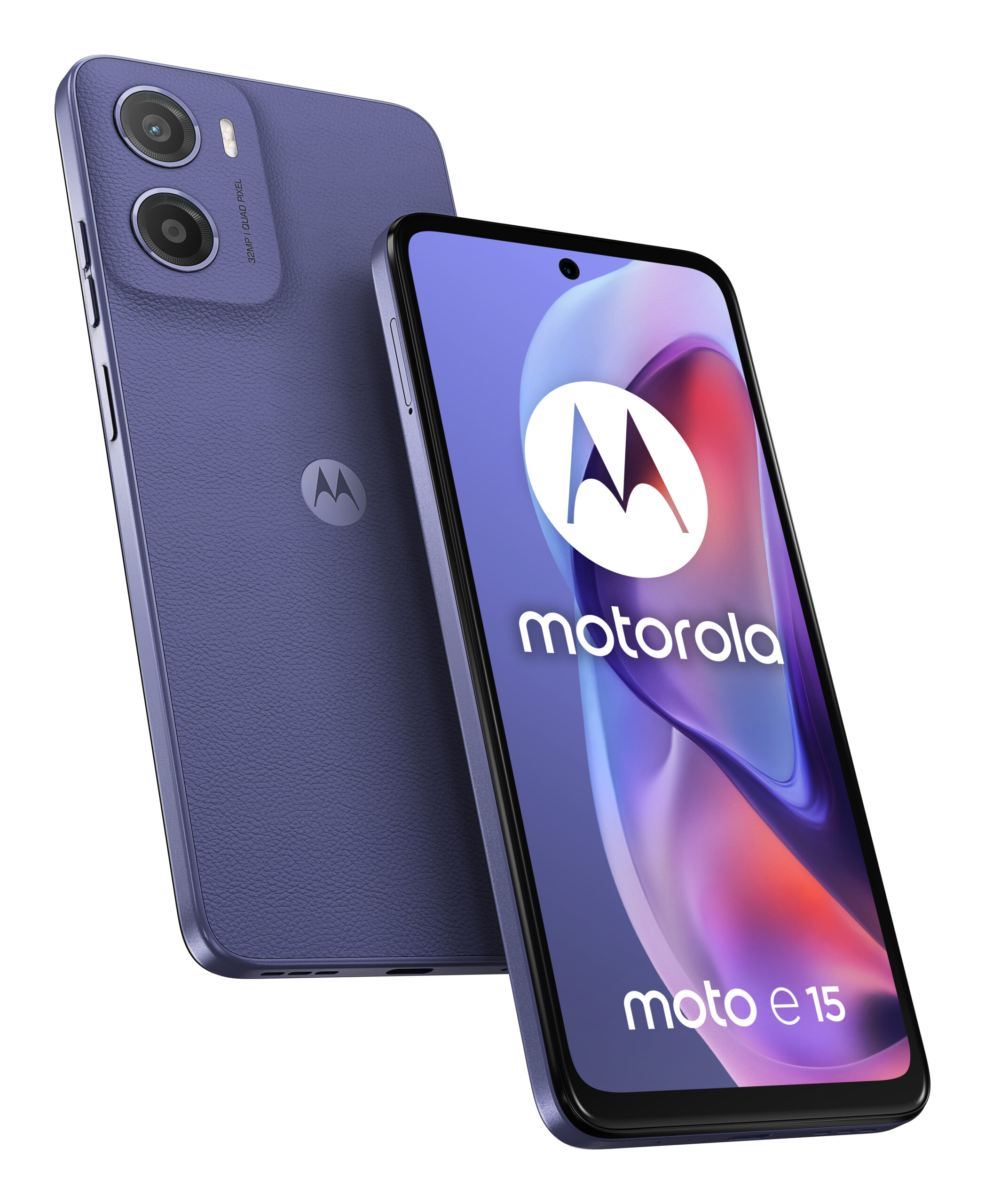 Motorola Moto E15 - 4G smartphone - dual-SIM - RAM 2 GB / Intern hukommelse 64 GB - microSD slot - LCD-skærm - 6.67"" - 1604 x 720 pixels (90 Hz) - rear camera 32 MP - front camera 8 MP - frisk lavendel