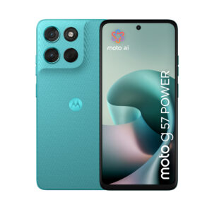 Motorola moto g57 power . Skærm diagonal: 17,1 cm (6.72""), Skærmopløsning: 2400 x 1080 pixel. Processorserie: Snapdragon, Processormodel: 6s Gen 4. RAM kapacitet: 12 GB, RAM-type: LPDDR4X, Intern lagerkapacitet: 256 GB. Bagerste kamera opløsning (numerisk): 50 MP, Bagkamera type: Dobbelt kamera. SIM-korts kapacitet: Dual SIM. Operativsystem installeret: Android 16.0. Batterikapacitet: 7000 mAh. Produktfarve: Turkis. Vægt: 210,6 g