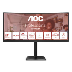 AOC CU34E4CV - LED-skærm - kurvet - USB - 34"" - 3440 x 1440 UWQHD @ 120 Hz - VA - 3500:1 - HDR10 - 4 ms - 2xHDMI, DisplayPort, USB-C - højtalere - sort - Billede 2