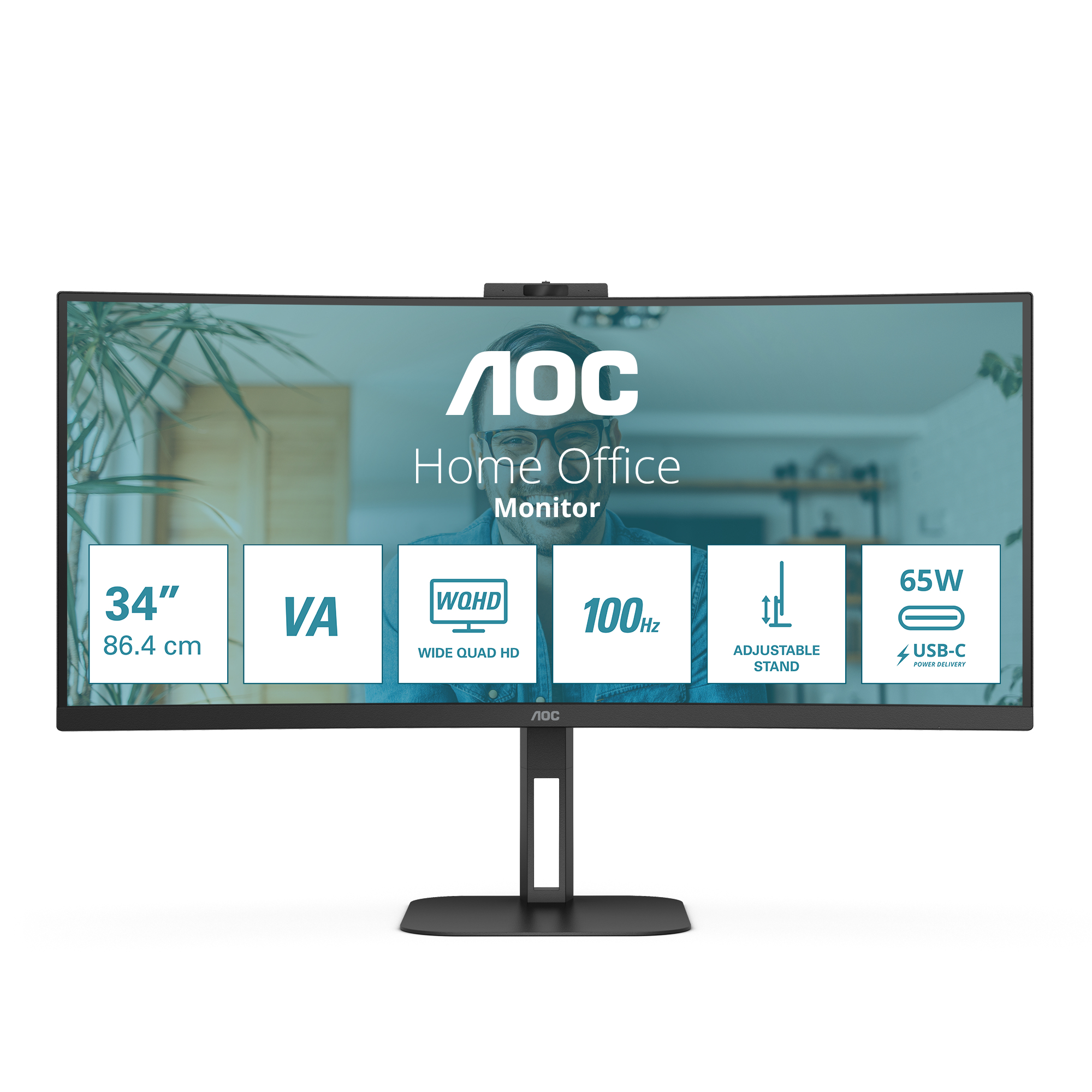 AOC Value-line CU34V5CW/BK - V5 series - LED-skærm - kurvet - 34"" - 3440 x 1440 WQHD @ 100 Hz - VA - 300 cd/m² - 3000:1 - 4 ms - HDMI, DisplayPort, USB-C - højtalere - sort