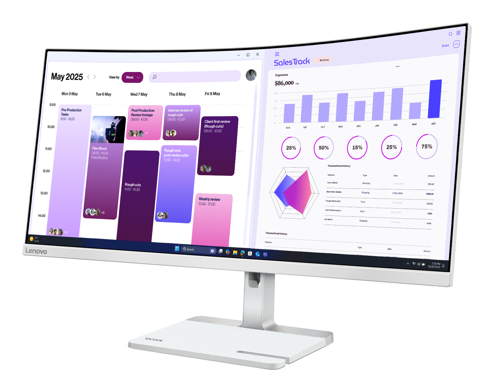 Lenovo L34W-4C - LED-skærm - kurvet - 34"" - 3440 x 1440 @ 120 Hz - VA - 350 cd/m² - 3000:1 - HDR10 - 1 ms - 2xHDMI, DisplayPort - skygrå - Billede 2